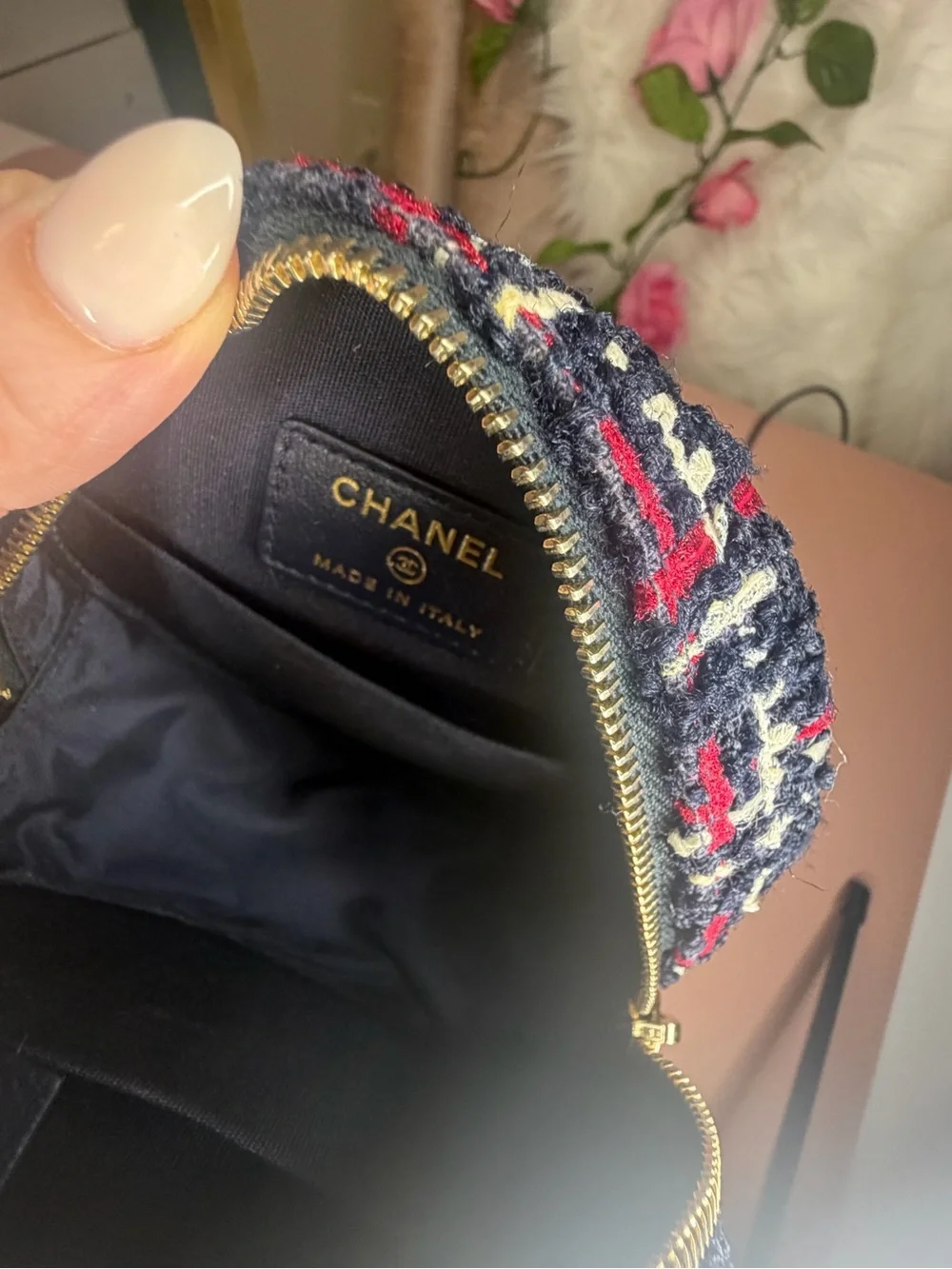 Chanel Filigree Round Clutch with Chain Tweed Navy Red Crossbody Bag